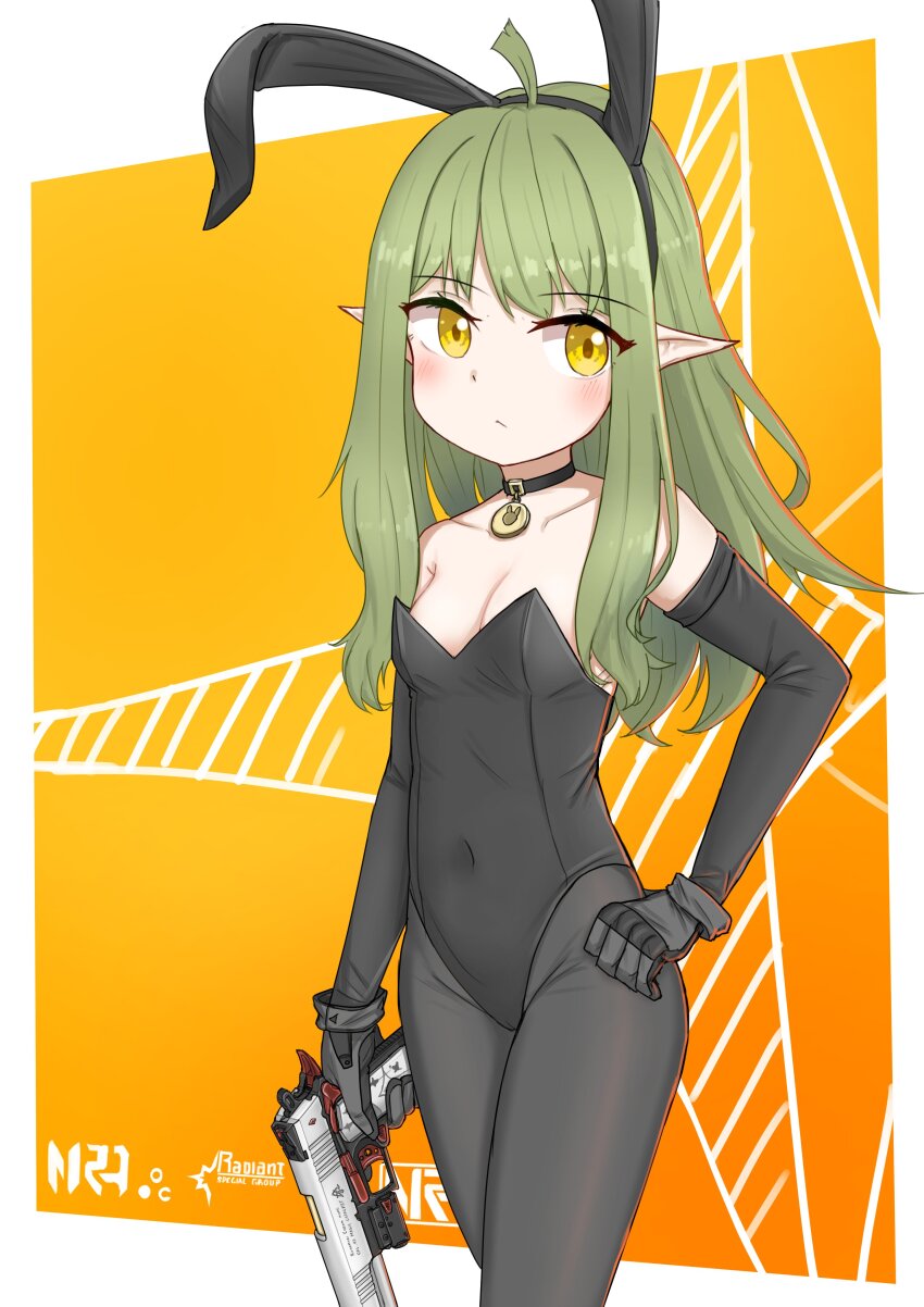 1girl absurdres ahoge animal_ears averting_eyes bare_shoulders black_choker black_gloves black_hairband black_leotard black_pantyhose blush breasts choker collarbone commentary covered_navel cowboy_shot elbow_gloves elf english_commentary fake_animal_ears gloves green_hair gun hairband hand_on_own_hip handgun highleg highleg_leotard highres holding holding_gun holding_weapon layered_gloves leotard long_hair orange_background original pantyhose playboy_bunny pointy_ears rabbit_ears small_breasts solo srtdrawart strapless strapless_leotard trigger_discipline weapon yellow_background yellow_eyes