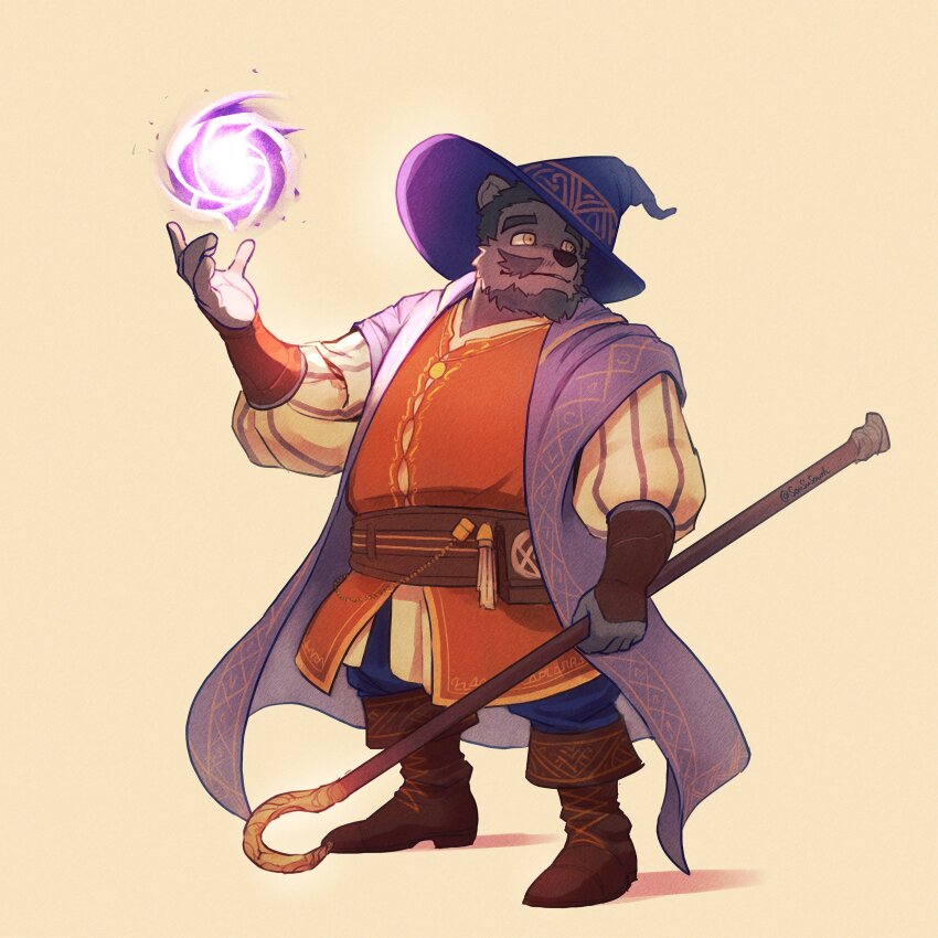 1boy absurdres bara bear_boy beard belly boots brown_fur facial_hair fat fat_man full_body hat highres huge_eyebrows looking_back mage_staff magic male_focus mature_male mustache original saususouth short_hair solo standing tachi-e thick_beard thick_mustache tilted_headwear wand wizard wizard_hat yellow_eyes