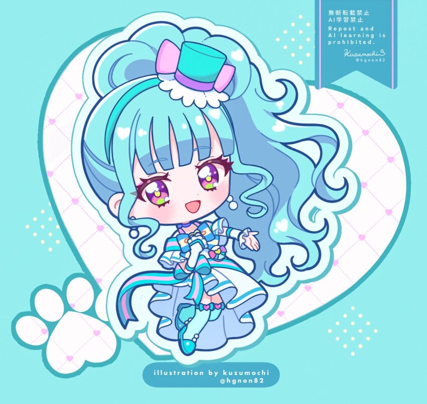 1girl :d artist_name blue_border blue_bow blue_bowtie blue_dress blue_hair blue_hairband blue_shoes blue_thighhighs blunt_bangs border bow bowtie chibi chibi_only commentary cure_lillian dress earrings full_body gloves hairband hand_on_own_chest heart heart_background heart_border highres jewelry kuzumochi long_hair looking_at_viewer magical_girl nekoyashiki_mayu open_mouth outline outside_border outstretched_arm precure purple_eyes shoes short_sleeves signature smile solo striped_bow striped_bowtie striped_clothes thighhighs twitter_username very_long_hair watermark white_background white_gloves wonderful_precure!