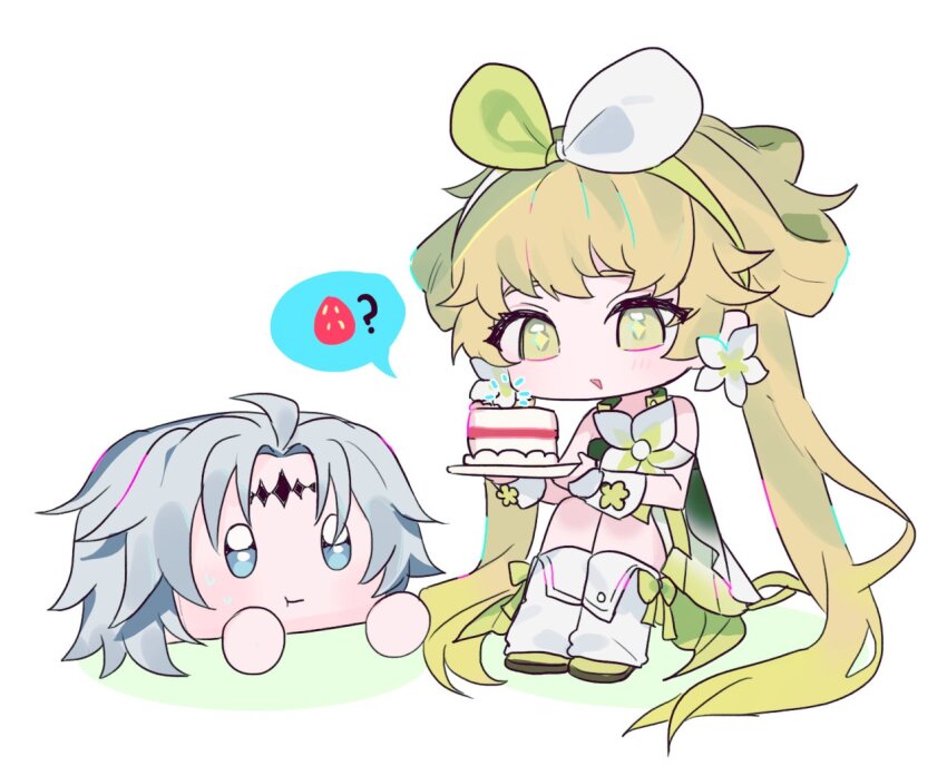 1girl bimyeong_0720 blonde_hair cake cake_slice calcharo_(wuthering_waves) commentary confused dress earrings flower_earrings food green_dress green_eyes green_pupils hairband holding holding_plate jewelry knees_up long_hair low_twintails objectification plate sitting solo symbol-only_commentary tacet_mark_(wuthering_waves) twintails verina_(wuthering_waves) very_long_hair wuthering_waves