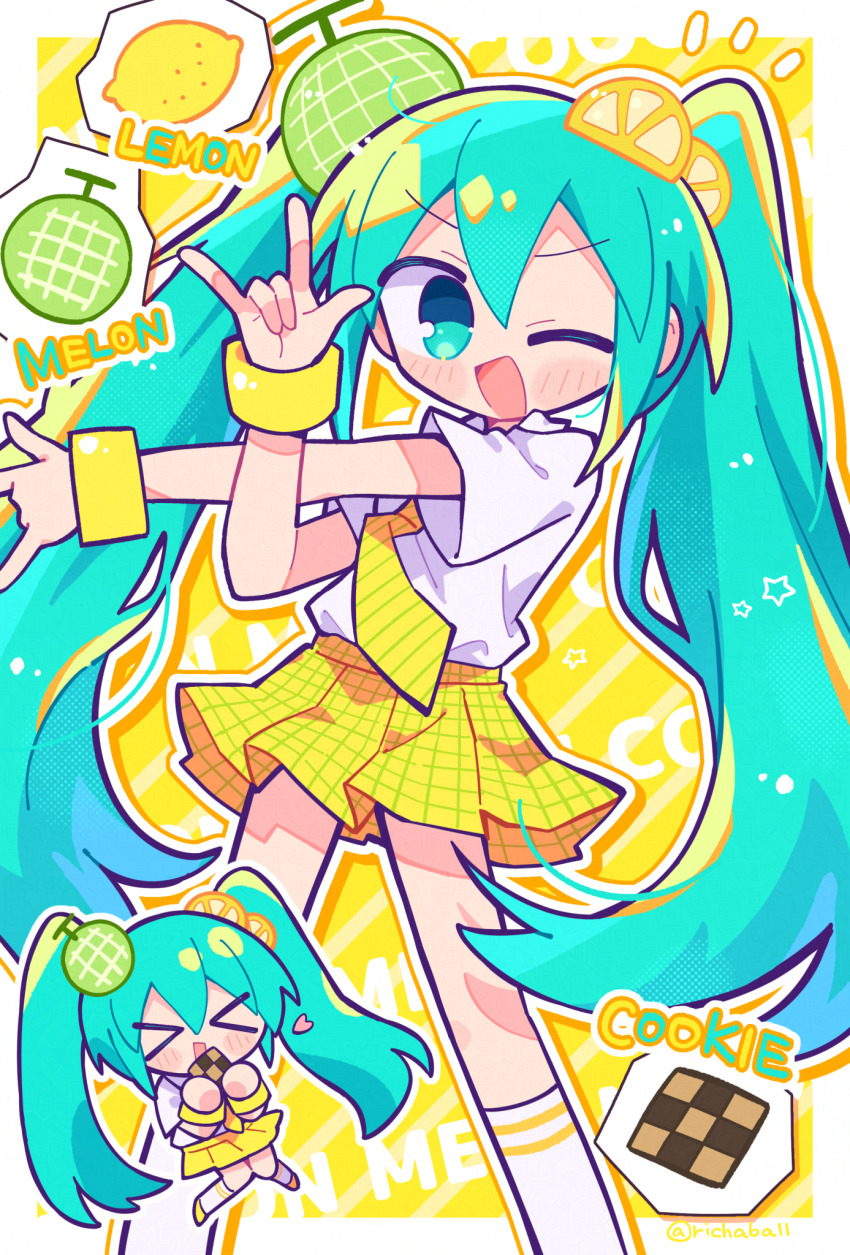 &gt;_&lt; 1girl :d ;d \m/ aqua_hair blush border checkerboard_cookie chibi chibi_inset collared_shirt commentary_request cookie diagonal-striped_clothes diagonal-striped_necktie double-parted_bangs double_\m/ feet_out_of_frame food fruit hair_between_eyes hatsune_miku highres holding holding_cookie holding_food lemon lemon_melon_cookie_(vocaloid) long_hair looking_at_viewer melon necktie one_eye_closed open_mouth outline outside_border plaid_clothes plaid_skirt pleated_skirt richard_(richaball) shirt short_sleeves skirt smile socks standing striped_background striped_clothes twintails vocaloid white_border white_outline white_shirt white_socks xd yellow_background yellow_necktie yellow_skirt