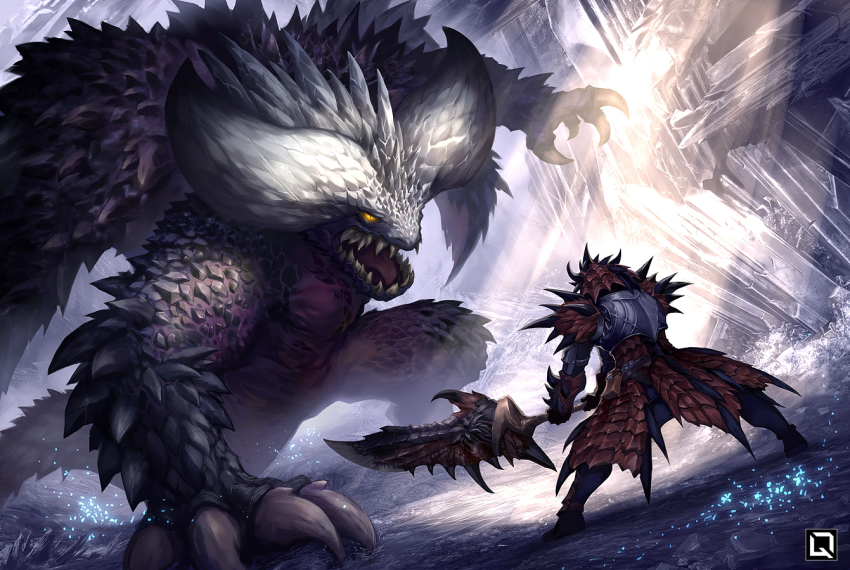 1boy armor battle claws crystal fangs fighting_stance glowing glowing_eyes greatsword horns kuroi-tsuki light_particles light_rays monster monster_hunter:_world monster_hunter_(series) nergigante open_mouth rathalos_(armor) scales slit_pupils spiked_armor spikes sunlight sword weapon yellow_eyes