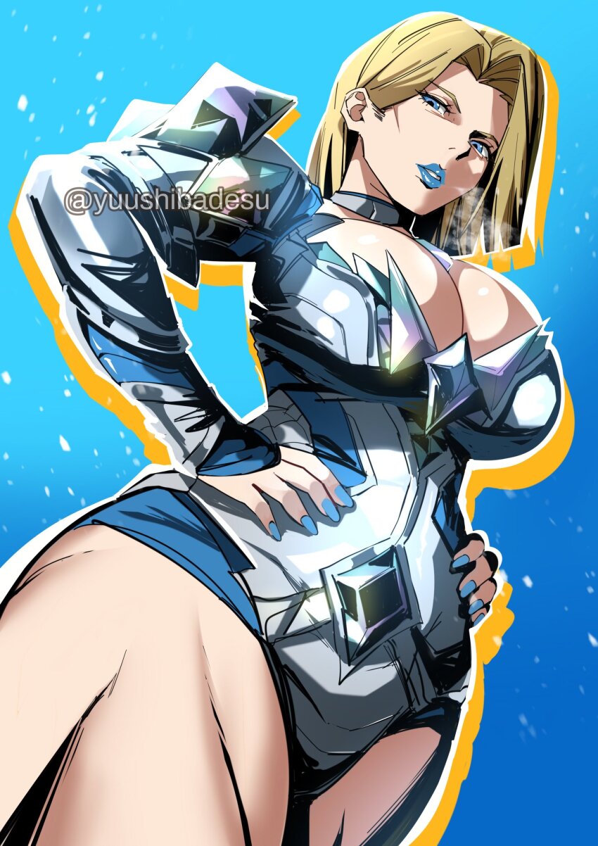 1girl black_choker blonde_hair blue_lips blue_nails breasts choker emma_frost hands_on_own_hips highres large_breasts marvel marvel_rivals nail_polish short_hair solo thick_thighs thighs twitter_username x-men yuushiba