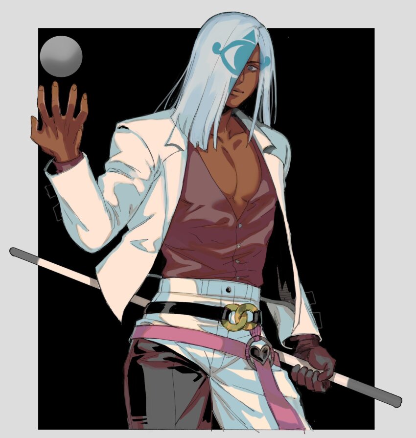 1boy arm_up ball belt billiard_ball black_background border closed_mouth collarbone collared_jacket commentary cowboy_shot cue_stick dark-skinned_male dark_skin english_commentary grey_eyes guilty_gear guilty_gear_strive hair_over_one_eye heart highres holding holding_cue_stick jacket long_hair looking_at_viewer male_focus multicolored_clothes multicolored_pants one_eye_covered open_clothes open_shirt pants patterned_hair pectorals pink_sash red_shirt sash shirt solo straight-on tirtyturtle venom_(guilty_gear) white_border white_hair white_jacket white_pants