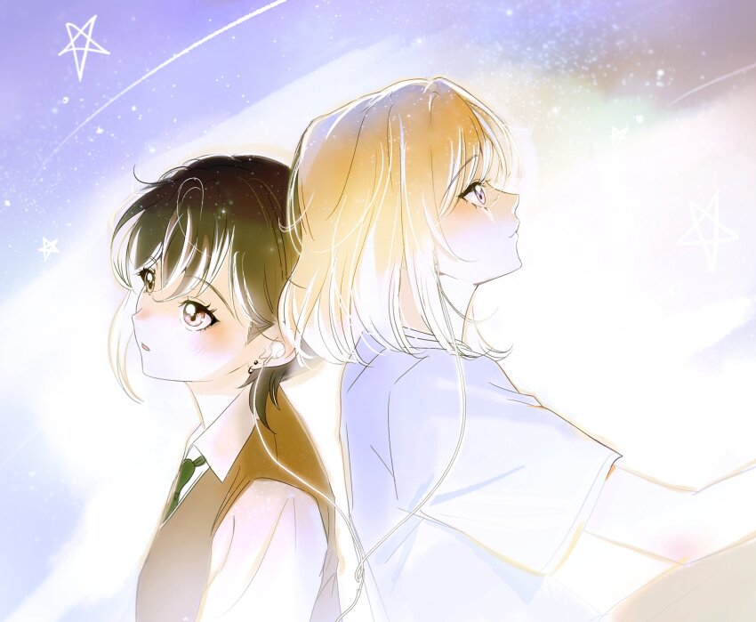 2girls back-to-back bang_dream! bang_dream!_it&#039;s_mygo!!!!! blonde_hair blush brown_hair brown_sweater_vest commentary_request earphones green_necktie grey_eyes haneoka_school_uniform highres korean_commentary medium_hair misumi_uika multiple_girls necktie open_mouth purple-tinted_eyewear ramm_1219 school_uniform shared_earphones shirt short_hair short_sleeves star_(symbol) sweater_vest takamatsu_tomori tinted_eyewear white_shirt