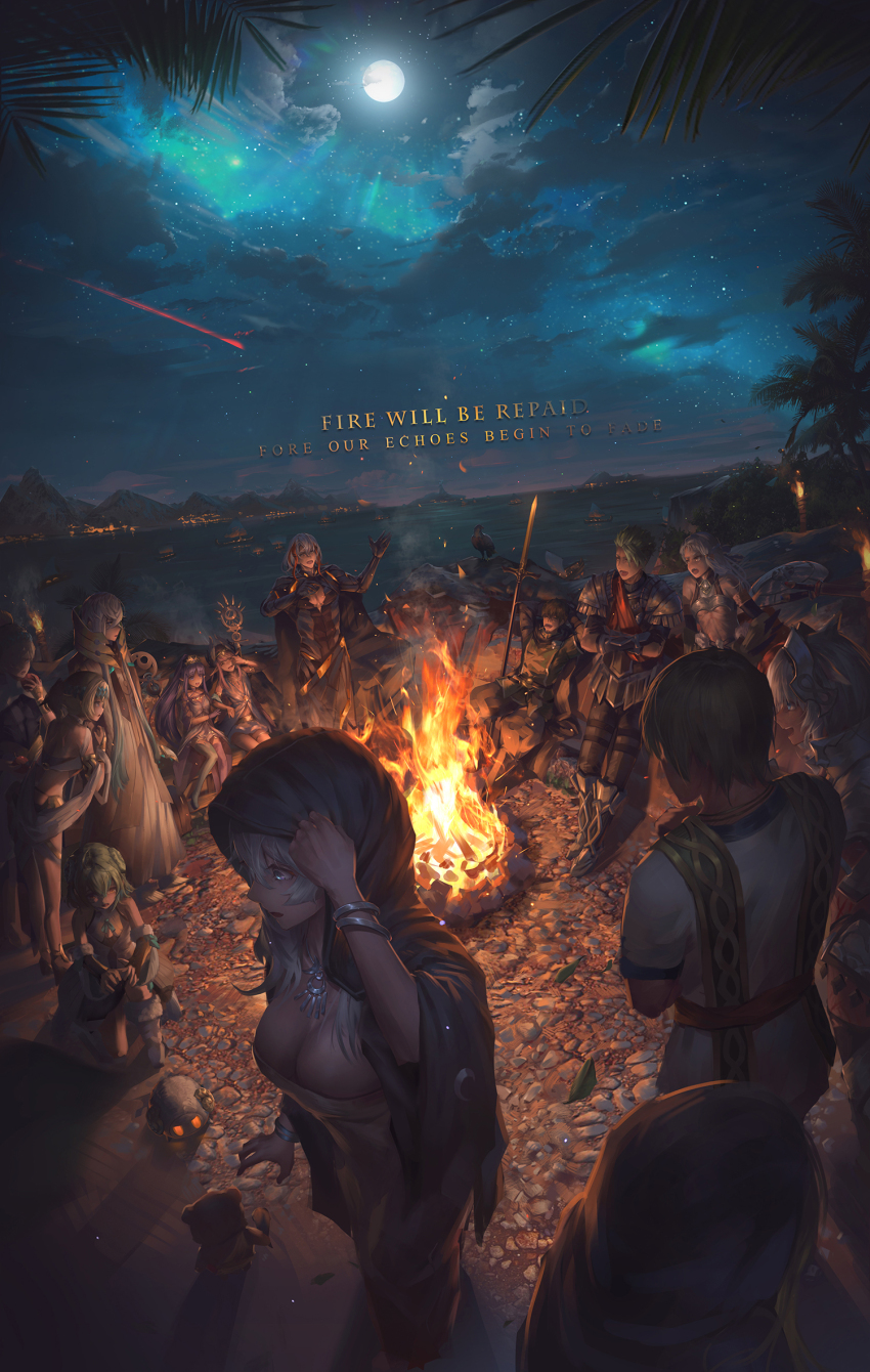 6+boys 6+girls achilles_(fate) apollo_(fate) artemis_(fate) asclepius_(fate) bird boat bonfire boots bracelet breasts caenis_(fate) castor_(fate) circe_(fate) cleavage dress durindana_(fate) fate/grand_order fate_(series) final_fantasy final_fantasy_xiv full_moon hector_(fate) highres hinoborukaku jason_(fate) jewelry medea_(fate) medea_lily_(fate) moon multiple_boys multiple_girls night ocean odysseus_(fate) orion_(bear)_(fate) paris_(fate) penthesilea_(fate) pointy_ears polearm pollux_(fate) ponytail robe shield ship sitting sky spear staff star_(sky) starry_sky sword watercraft weapon