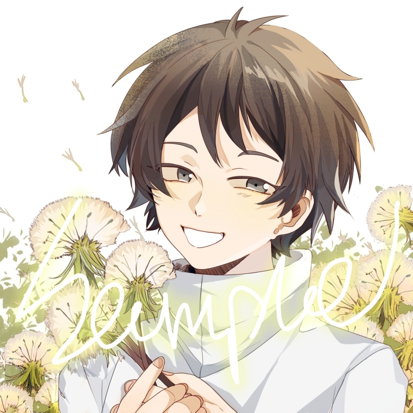 1girl black_eyes black_hair chinese_commentary commentary_request dandelion dandelion_seed flower grin high_collar highres holding holding_flower isoi_rai lemijiang portrait saibou_shinkyoku sample_watermark shirt short_hair smile solo watermark white_background white_shirt