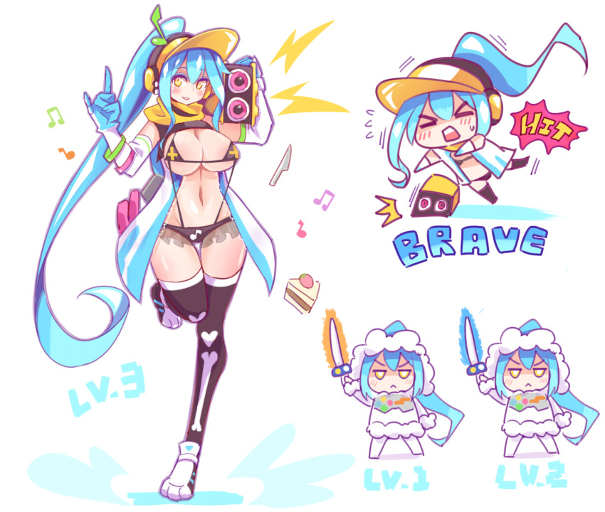&gt;_&lt; 1girl black_one-piece_swimsuit black_thighhighs blue_hair blush breasts cake chibi cleavage cross cross_print ditienan_ddn doremifa_beat_level_2 flying_sweatdrops food fruit fur-trimmed_jacket fur_trim gashacon_sword gloves hat holding jacket kamen_rider kamen_rider_brave kamen_rider_ex-aid_(series) knife large_breasts long_hair looking_at_viewer m/ musical_note musical_note_print navel one-piece_swimsuit open_mouth personification ponytail print_swimsuit rider-tan scarf slingshot_swimsuit smile speaker standing standing_on_one_leg strawberry strawberry_shortcake swimsuit sword taddle_quest_level_1 taddle_quest_level_2 thighhighs tripping visor_cap weapon white_background white_gloves yellow_eyes yellow_hat yellow_scarf