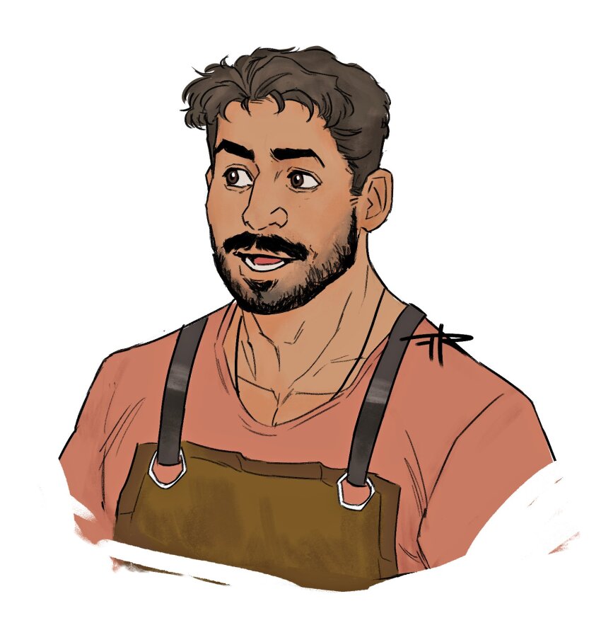 1boy apron bara beard brown_hair coral_island cropped_torso dark-skinned_male dark_skin facial_hair full_beard highres large_pectorals looking_to_the_side male_focus mature_male pectoral_cleavage pectorals rafael_(coral_island) rustic_(rusticfurnace) short_hair smile solo thick_eyebrows