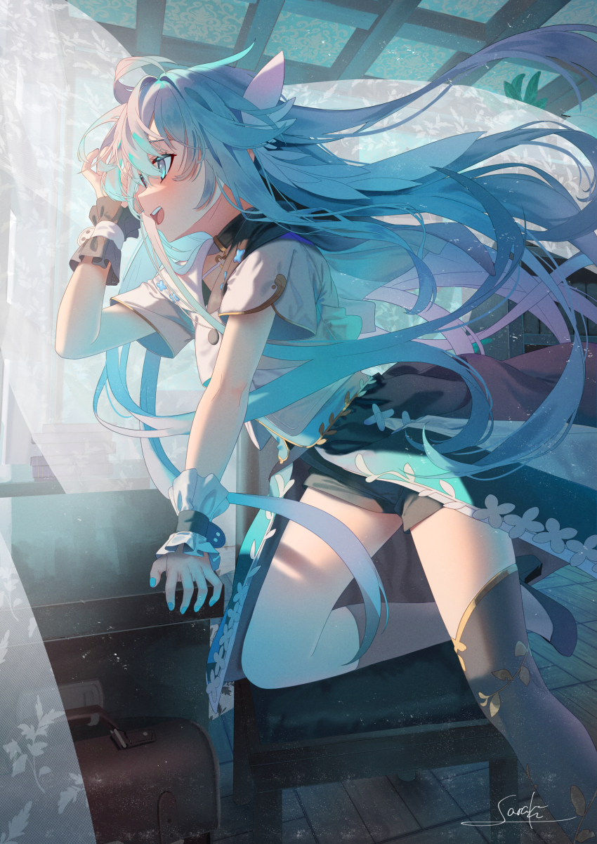 1girl asymmetrical_legwear black_shorts blue_eyes blue_hair blue_nails floating_hair from_side hair_between_eyes highres kneehighs long_hair nail_polish on_one_knee open_mouth original profile saraki shirt short_shorts short_sleeves shorts single_kneehigh single_sock single_thighhigh socks solo thighhighs very_long_hair white_shirt wrist_cuffs
