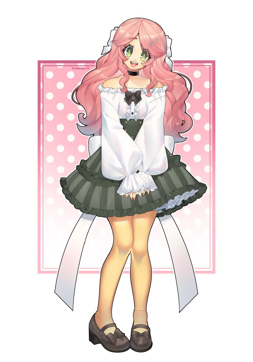 1girl black_bow black_choker black_outline bow brown_sandals choker collarbone dress freckles frilled_shirt frilled_skirt frills full_body green_eyes green_skirt hair_bow hair_ornament hairclip highres long_hair long_sleeves looking_at_viewer momone_momo open_mouth outline puffy_long_sleeves puffy_sleeves sandals shirt sidelocks signature skirt smile solo sparkle teeth thick_outlines treebarkagain upper_body upper_teeth_only utau very_long_hair white_bow white_shirt