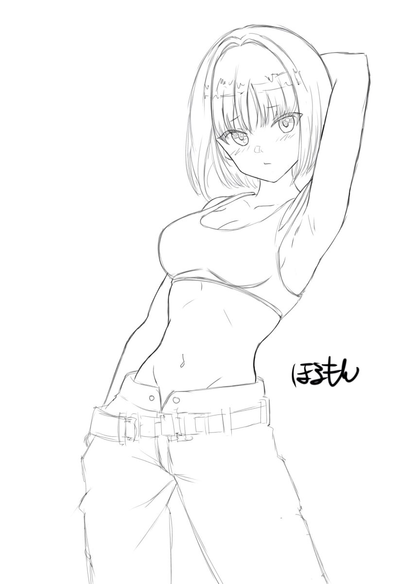 arm_behind_head armpits belt blush breasts cleavage collarbone goddess_of_victory:_nikke greyscale highres hormone_nikke lineart looking_at_viewer medium_breasts milk_(nikke) monochrome navel pants short_hair sports_bra unfinished