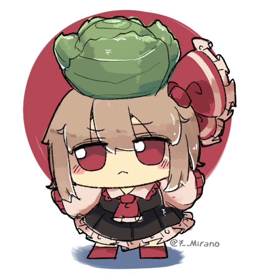 1girl 7-mirano ascot blonde_hair cabbage character_doll doll fumo_(doll) hair_ribbon highres long_sleeves red_eyes red_ribbon ribbon rumia sad shirt short_hair simple_background solo touhou vest white_background white_shirt