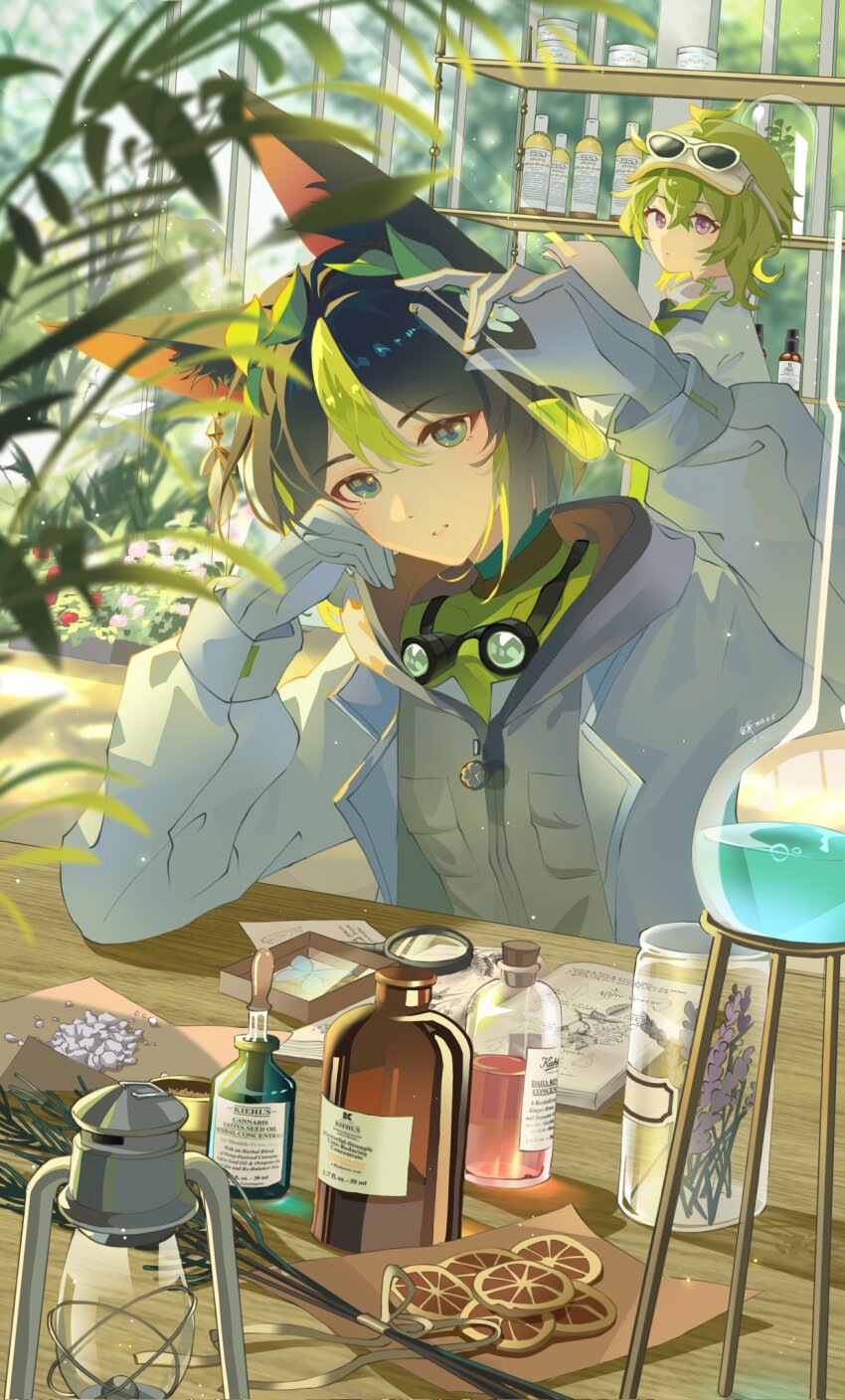 1boy 1girl animal_ear_fluff animal_ears aqua_eyes black_hair bottle cheong1110 collei_(genshin_impact) collei_(kiehls&#039;)_(genshin_impact) earrings eyewear_on_head fox_boy fox_ears genshin_impact gloves goggles goggles_around_neck green_hair hair_between_eyes highres jacket jewelry kiehl&#039;s lamp long_hair multicolored_hair purple_eyes short_hair tighnari_(genshin_impact) tighnari_(kiehls&#039;)_(genshin_impact) visor_cap white_gloves white_jacket