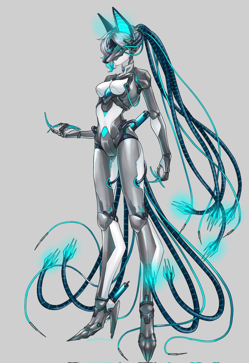 1girl animal_ears blue_hair breasts cable cable_hair cable_tail claws closed_mouth colored_skin colored_tips covered_eyes facing_to_the_side fang fang_out fox_ears fox_girl fox_mask full_body grey_background grey_hair grey_skin hand_up high_heels highres huge_claws humanoid_robot joints long_hair mask mechanical_tail multicolored_hair original ponytail robot robot_joints sabuneko2645 simple_background small_breasts smile solo standing tail twitter_username very_long_hair white_skin