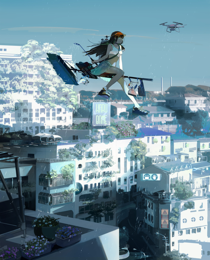 1girl absurdres black_hair blue_eyes blue_sky breasts broom building drone flower flying full_body hat highres kukka long_hair medium_breasts original plant plants rain robot scenery serious shoes skirt sky sneakers watering_can