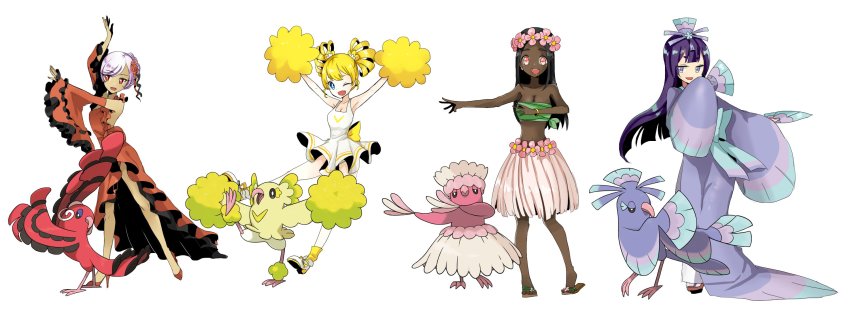 4girls bad_id bad_twitter_id black_hair blonde_hair blue_eyes bracelet cheerleader creature_and_personification dancing dark-skinned_female dark_skin earrings fang flamenco flower folding_fan gen_7_pokemon geta grass_skirt hair_flower hair_ornament hand_fan head_wreath high_heels highres hula japanese_clothes jewelry kimono light_purple_hair long_hair miyako0306 multiple_girls nintendo one_eye_closed oricorio oricorio_(baile) oricorio_(pa&#039;u) oricorio_(pom-pom) oricorio_(sensu) personification pokemon pokemon_(creature) pom_pom_(cheerleading) purple_eyes purple_hair red_eyes rose sandals shoes short_hair skirt sneakers socks twintails