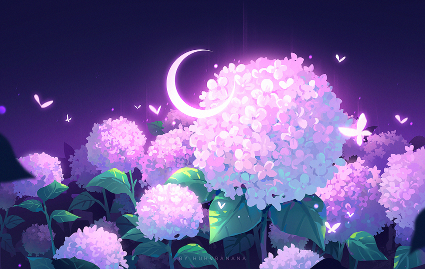 artist_name blurry bug butterfly crescent_moon flower glowing glowing_butterfly huhv. hydrangea insect leaf moon night night_sky no_humans original outdoors plant purple_sky purple_theme scenery sky watermark