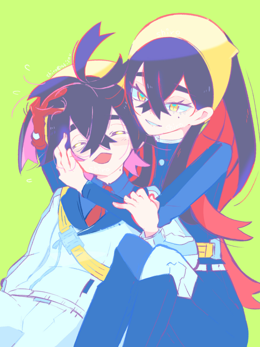 1boy 1girl black_hair blue_jacket blue_pants blue_shirt blush brother_and_sister carmine_(pokemon) collared_shirt crossed_bangs gloves green_background hair_between_eyes hairband hands_on_another&#039;s_head highres jacket kieran_(pokemon) long_hair long_sleeves mole mole_on_neck mole_under_eye multicolored_hair nintendo open_mouth pants pokemon pokemon_sv purple_hair red_gloves red_hair shiro_(46isou) shirt siblings simple_background single_glove sitting yellow_hairband
