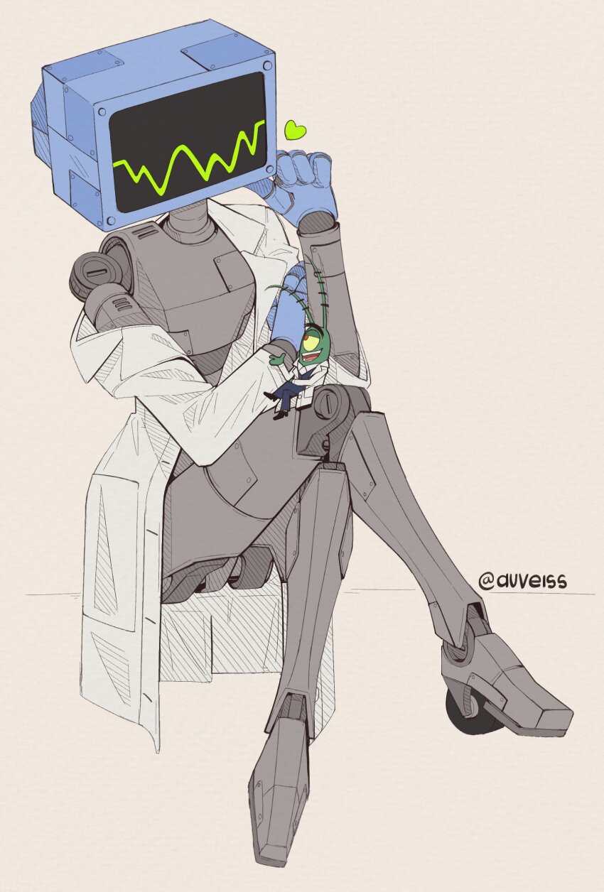 1boy 1girl absurdres antennae auveiss black_pants black_vest colored_sclera crossed_legs heart highres husband_and_wife karen_(spongebob) one-eyed open_mouth pants plankton plankton_(spongebob) robot robot_girl shirt sitting spongebob_squarepants_(series) twitter_username vest white_shirt yellow_sclera