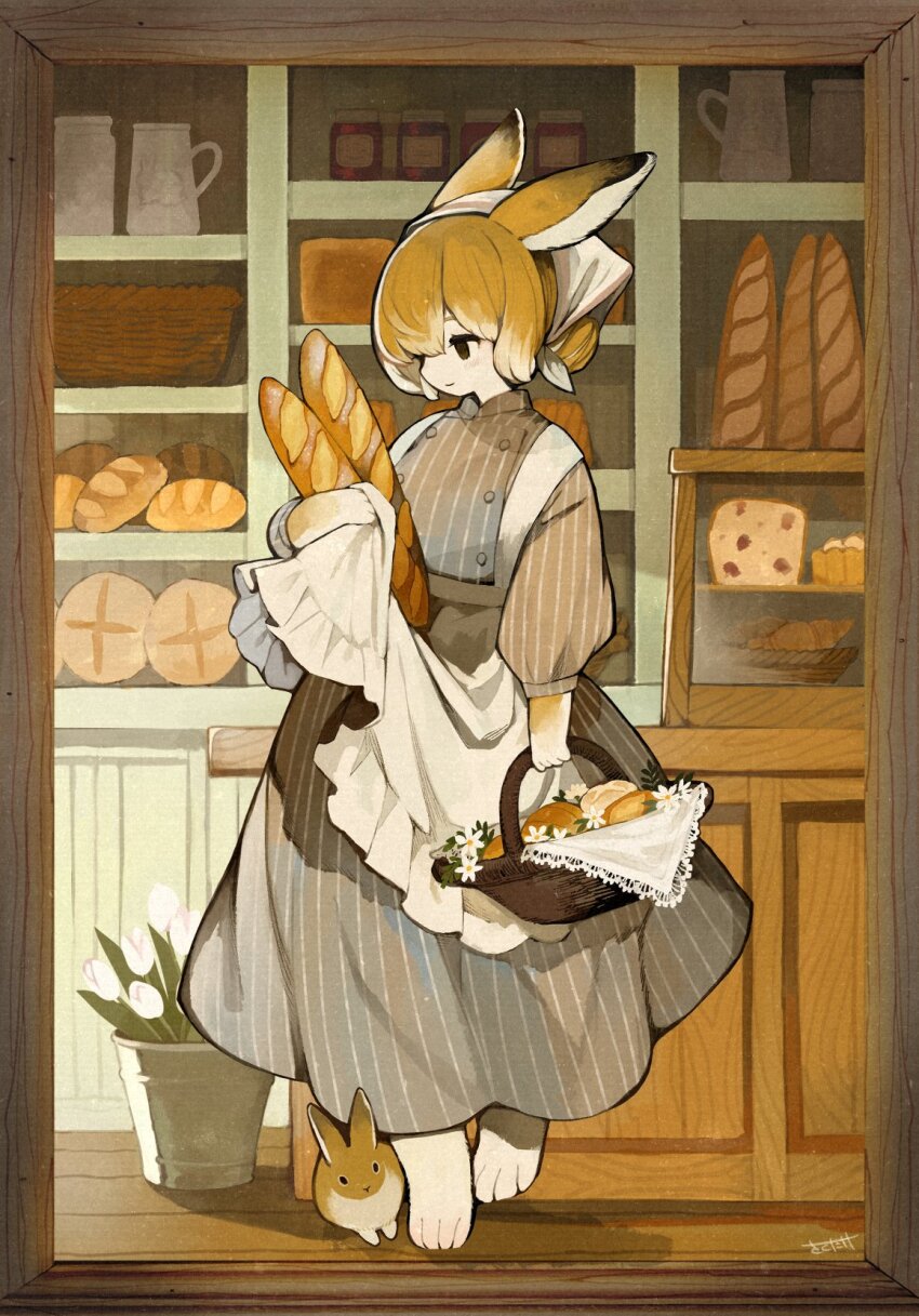 1girl animal_ears apron baguette basket black_eyes bread brown_hair bucket cheese doily dress flower food furry gradient_hair highres holding holding_basket jar jug_(bottle) loaf_of_bread multicolored_hair original rabbit rabbit_ears rabbit_girl sakutake_(ue3sayu) shelf smile solo standing standing_on_one_leg striped_clothes striped_dress white_apron white_flower white_hair