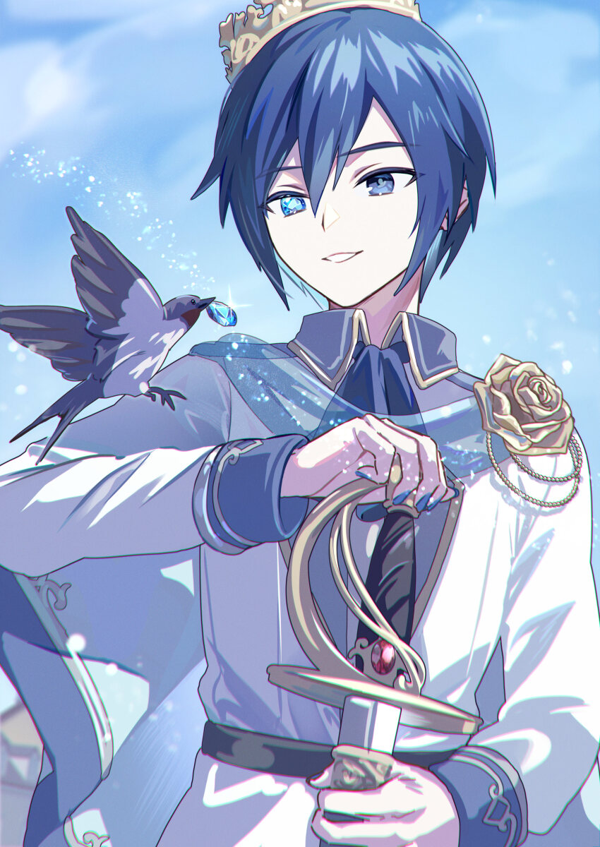 1boy absurdres bird blue_eyes blue_hair blue_nails blue_scarf gem highres holding holding_weapon kaito_(vocaloid) male_focus nail_polish pale_skin parody partially_blind prince scarf swallow_(bird) sword the_happy_prince_(oscar_wilde) vocaloid vs0mr weapon