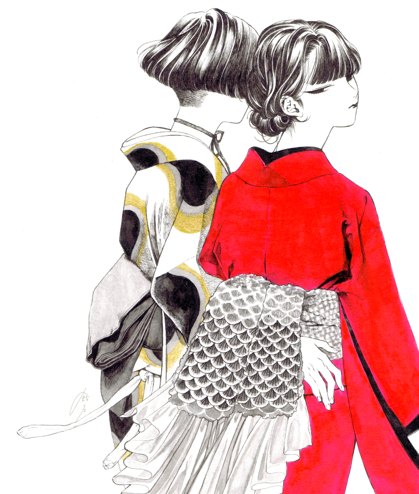 2girls absurdres ameishi choker commentary_request cowboy_shot from_behind half-closed_eyes hand_on_another&#039;s_back highres japanese_clothes kimono lips long_sleeves looking_back millipen_(medium) multiple_girls obi obijime original partially_colored pen_(medium) print_kimono red_kimono ribbon_choker sash short_hair signature traditional_media updo white_background