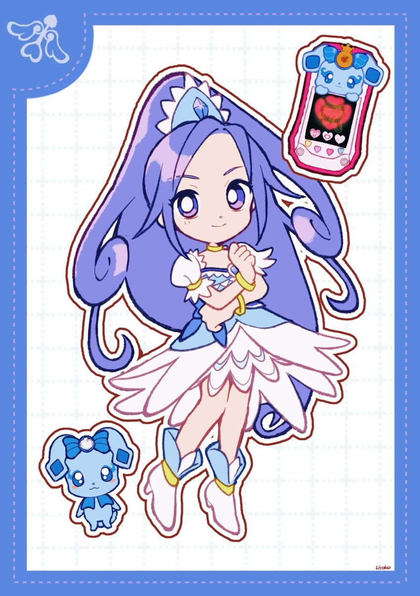 1girl bare_legs blue_border blue_brooch blue_dress blue_gemstone blue_hat boots border bracelet brooch cellphone choker clenched_hands closed_mouth crossed_arms cure_diamond curly_hair deformed diamond_(gemstone) dokidoki!_precure dot_nose dotted_line dress eyelashes feather-trimmed_dress forehead frilled_dress frilled_sleeves frills full_body gem gold_bracelet grid_background happy hat heart heart_brooch high_heel_boots high_heels high_ponytail highres hishikawa_rikka jewelry lace-trimmed_headwear lace_trim long_hair magical_girl medium_dress mini_hat miniskirt outline phone ponytail precure puffy_short_sleeves puffy_sleeves purple_eyes purple_hair rakeru_(dokidoki!_precure) short_sleeves signature skirt skirt_under_dress smartphone smile square_neckline standing uwded_207 very_long_hair white_background white_boots white_outline white_skirt white_sleeves yellow_choker