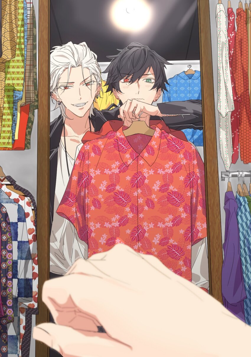 2boys aohitsugi_samatoki black_hair blurry blurry_foreground blush ceiling_light clothes_hanger clothes_rack clothes_shop ear_piercing earrings fang full-length_mirror green_eyes grin hair_between_eyes hair_slicked_back hawaiian_shirt heterochromia highres holding holding_clothes_hanger hood hoodie hoop_earrings hpkmygy hypnosis_mic jacket jewelry leather leather_jacket long_eyelashes looking_at_reflection loose_hair_strand male_focus mirror mole mole_under_eye multiple_boys multiple_piercings necklace patterned_clothing piercing pov red_eyes red_hoodie reflection shirt shopping short_hair smile spiked_hair stud_earrings v-shaped_eyebrows wavy_mouth white_hair yamada_ichiro