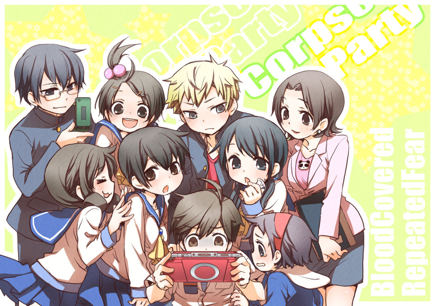 3boys 6+girls :3 alba_(ep) black_eyes black_hair blonde_hair book brown_eyes brown_hair cellphone corpse_party curly_hair earrings closed_eyes glasses hair_bobbles hair_ornament hairband hairclip hairpin handheld_game_console headband jewelry kishinuma_yoshiki long_hair mochida_satoshi mochida_yuka morishige_sakutarou multiple_boys multiple_girls nakashima_naomi necklace open_mouth phone playstation_portable ponytail school_uniform serafuku shinohara_seiko shinozaki_ayumi shishido_yui short_hair smile suzumoto_mayu tears twintails