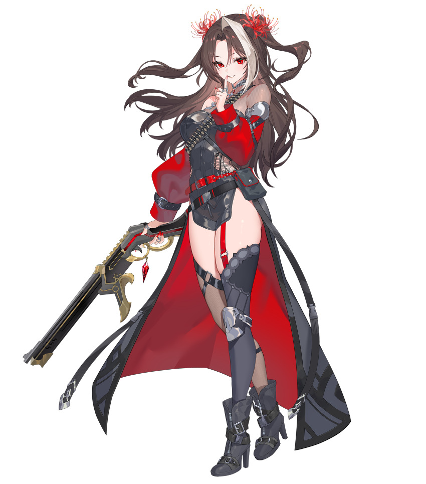 1girl absurdres black_dress black_hair black_shoes black_thighhighs boots breasts detached_sleeves dress elyza_eve flower gun hair_flower hair_ornament high_heel_boots high_heels highres holding holding_gun holding_weapon jewelry lips mismatched_thighhighs nail_polish official_art red_eyes red_flower red_nails red_sleeves ring shoes simple_background single_hair_intake solo specialite_(company) specialite_en teeth teffish thighhighs thighs transparent_background two_side_up virtual_youtuber weapon white_hair