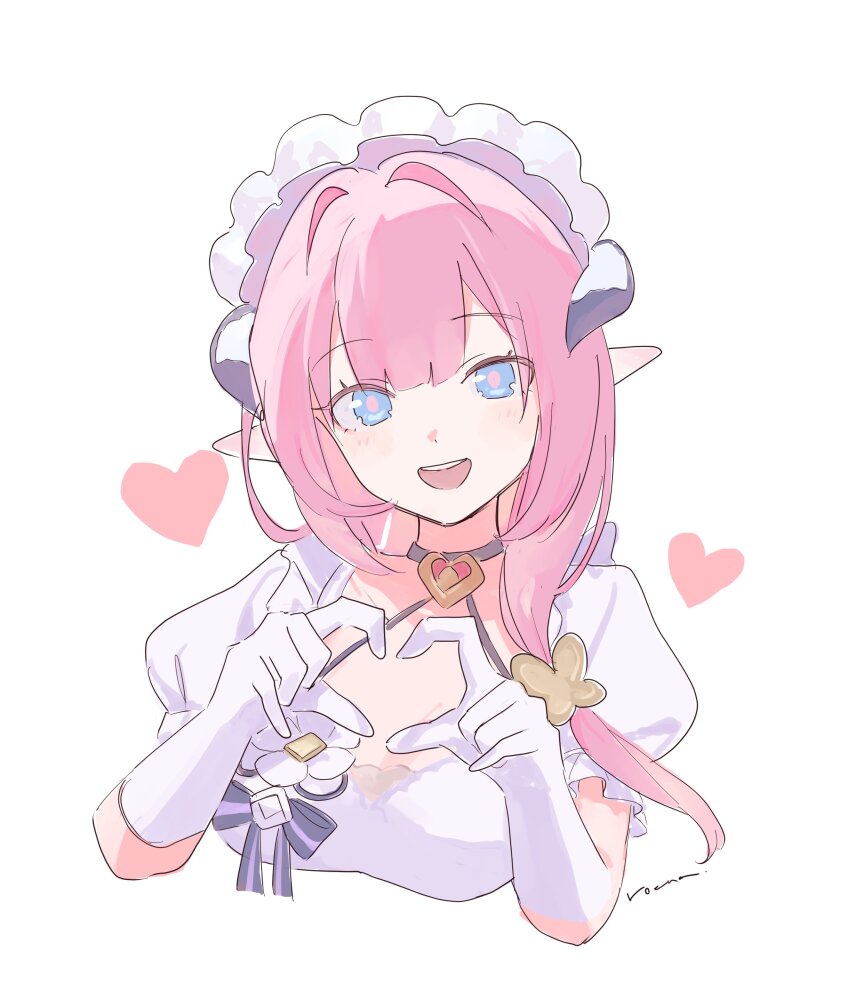 1girl four-finger_heart_hands absurdres artist_name black_choker blue_eyes breasts butterfly_hair_ornament choker cleavage elbow_gloves elf elysia_(honkai_impact) elysia_(miss_pink)_(honkai_impact) elysia_(miss_pink_elf)_(honkai_impact) fake_horns gloves hair_between_eyes hair_ornament hashtag-only_commentary heart heart_hands highres honkai_(series) honkai_impact_3rd horns long_hair looking_at_viewer maid maid_headdress pink_hair pink_pupils pointy_ears puffy_short_sleeves puffy_sleeves roena short_sleeves simple_background upper_body white_background white_gloves