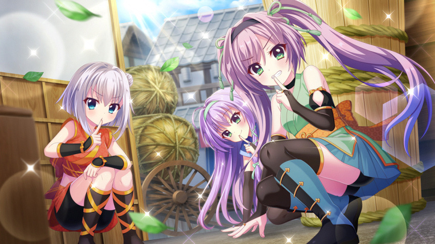 3girls ahoge alley architecture arm_support bike_shorts black_footwear black_gloves black_hairband black_shorts blue_eyes blue_hairband blue_ribbon blue_skirt blue_sky breasts clenched_teeth closed_mouth day dutch_angle east_asian_architecture falling_leaves film_grain finger_to_mouth game_cg gloves green_eyes green_kimono hair_bun hair_intakes hair_ribbon hairband hay_bale hokaze_kanade index_finger_raised izumi_tsubasu japanese_clothes kimono leaf lens_flare long_hair looking_at_viewer misaki_sango multiple_girls ninja nishidate_haku non-circular_lens_flare non-web_source obi official_art orange_kimono outdoors purple_hair re:stage! ribbon rickshaw sash short_hair shorts shushing single_side_bun skirt sky small_breasts smile sparkle squatting sun teeth town twintails white_hair