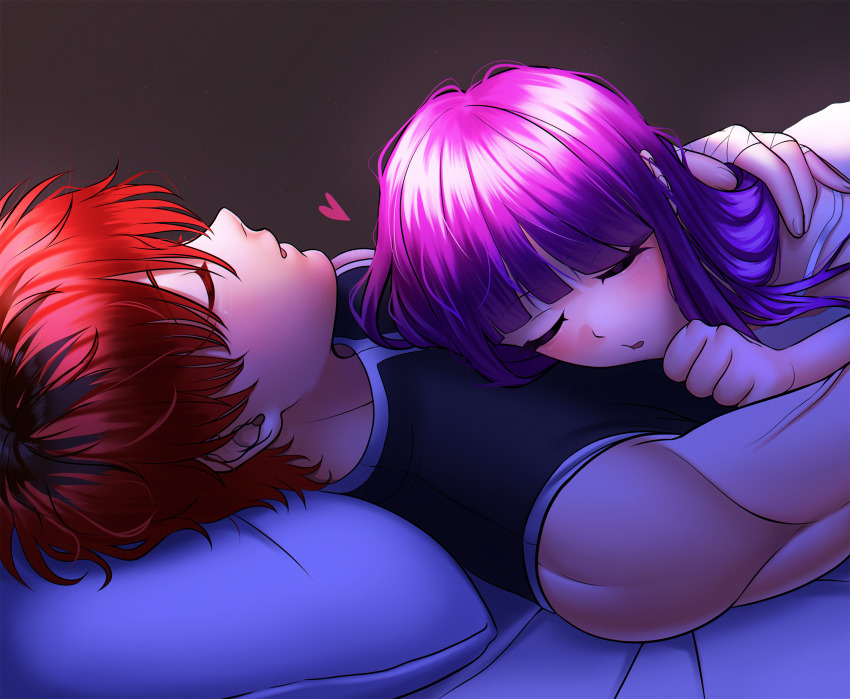 1boy 1girl bandaged_hand bandages black_hair closed_eyes commentary fern_(sousou_no_frieren) heart highres luunamito multicolored_hair pillow purple_hair red_hair roots_(hair) shirt sleeping sleeping_on_person sleeveless sleeveless_shirt sousou_no_frieren stark_(sousou_no_frieren) toned toned_male two-tone_hair veins
