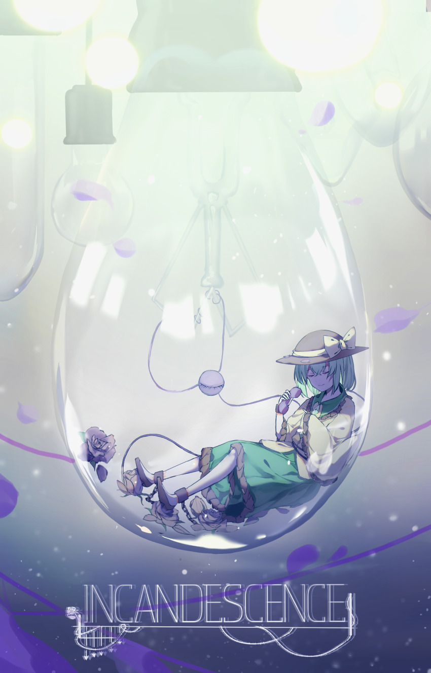 1girl absurdres bdsm black_hat blouse bondage bound bow buttons closed_eyes diamond_button english_text eyeball frilled_shirt_collar frilled_sleeves frills green_hair green_skirt hat hat_bow hat_ribbon heart heart_of_string highres holding holding_phone komeiji_koishi lamp phone restrained ribbon shirt skirt stationary_restraints third_eye touhou wall_lamp wide_sleeves yellow_bow yellow_ribbon yellow_shirt zhixie_jiaobu