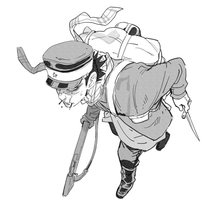 1boy backpack bag boots coat commentary_request dagger full_body glaring golden_kamuy greyscale gun hat highres holding holding_dagger holding_gun holding_knife holding_weapon knife looking_ahead male_focus monochrome musket pants peaked_cap plaid_clothes plaid_scarf scar scar_on_face scarf short_hair sideburns simple_background solo star_(symbol) sugimoto_saichi sukesukeburger walking weapon white_background