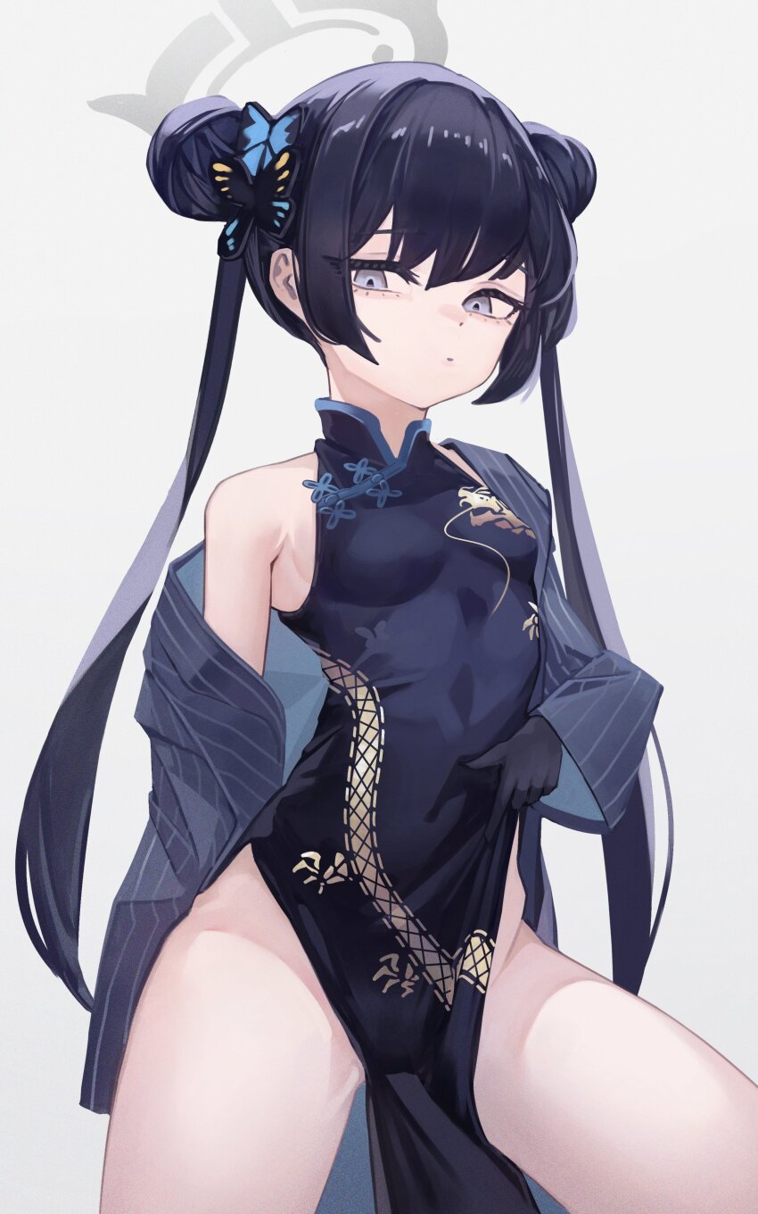 1girl absurdres black_dress black_gloves black_hair blue_archive braid braided_bun breasts butterfly_hair_ornament china_dress chinese_clothes covered_navel double_bun dragon_print dress gloves grey_background grey_eyes grey_halo hair_bun hair_ornament halo highres jacket jun_daniell kisaki_(blue_archive) lifting_own_clothes long_hair looking_at_viewer pelvic_curtain pinstripe_jacket pinstripe_pattern print_dress simple_background solo striped_clothes striped_jacket thighs vertical-striped_clothes vertical-striped_jacket very_long_hair