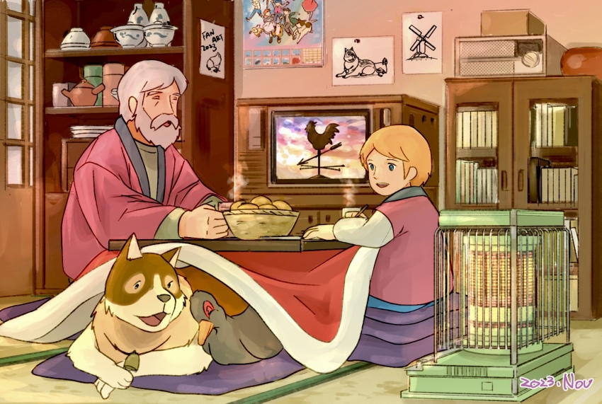 2boys a_dog_of_flanders basket bell bird blue_eyes bookshelf contemporary cup dated drawing_(object) duck grey_hair indoors japanese_clothes jehan_daas kimono kotatsu long_sleeves mug multiple_boys neck_bell nello_(a_dog_of_flanders) petrasche_(a_dog_of_flanders) pocco1224 poster_(object) radio shelf sitting space_heater steam table teapot television world_masterpiece_theater
