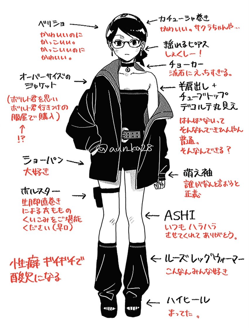 1girl bare_shoulders belt boruto:_two_blue_vortex breasts choker cleavage commentary_request earrings expressionless forehead_protector full_body glasses greyscale hairband hand_in_pocket highres jacket jewelry loose_socks monochrome naruto_(series) off_shoulder onka_(aun_ka28) pointing_out_the_details pouch romper sandals short_hair sleeves_past_wrists small_breasts socks solo strapless_romper thigh_pouch translation_request uchiha_sarada