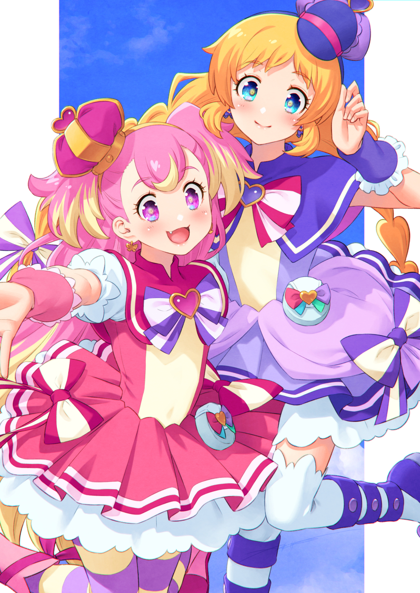 2girls absurdres blonde_hair blue_eyes blush boots bow bowtie braid brooch capelet closed_mouth crown cure_friendy cure_wonderful dress earrings fang hairband hat heart heart_brooch highres inukai_iroha inukai_komugi jewelry kazuma_muramasa long_hair low_twin_braids magical_girl mini_crown multicolored_hair multiple_girls open_mouth peaked_cap pink_boots pink_bow pink_bowtie pink_dress pink_eyes pink_hair precure puffy_short_sleeves puffy_sleeves purple_bow purple_bowtie purple_capelet purple_dress purple_hairband purple_hat purple_shoes shoes short_sleeves sleeveless sleeveless_dress smile striped_clothes striped_thighhighs thighhighs twin_braids two-tone_hair two_side_up white_sleeves white_thighhighs wonderful_precure! wrist_cuffs