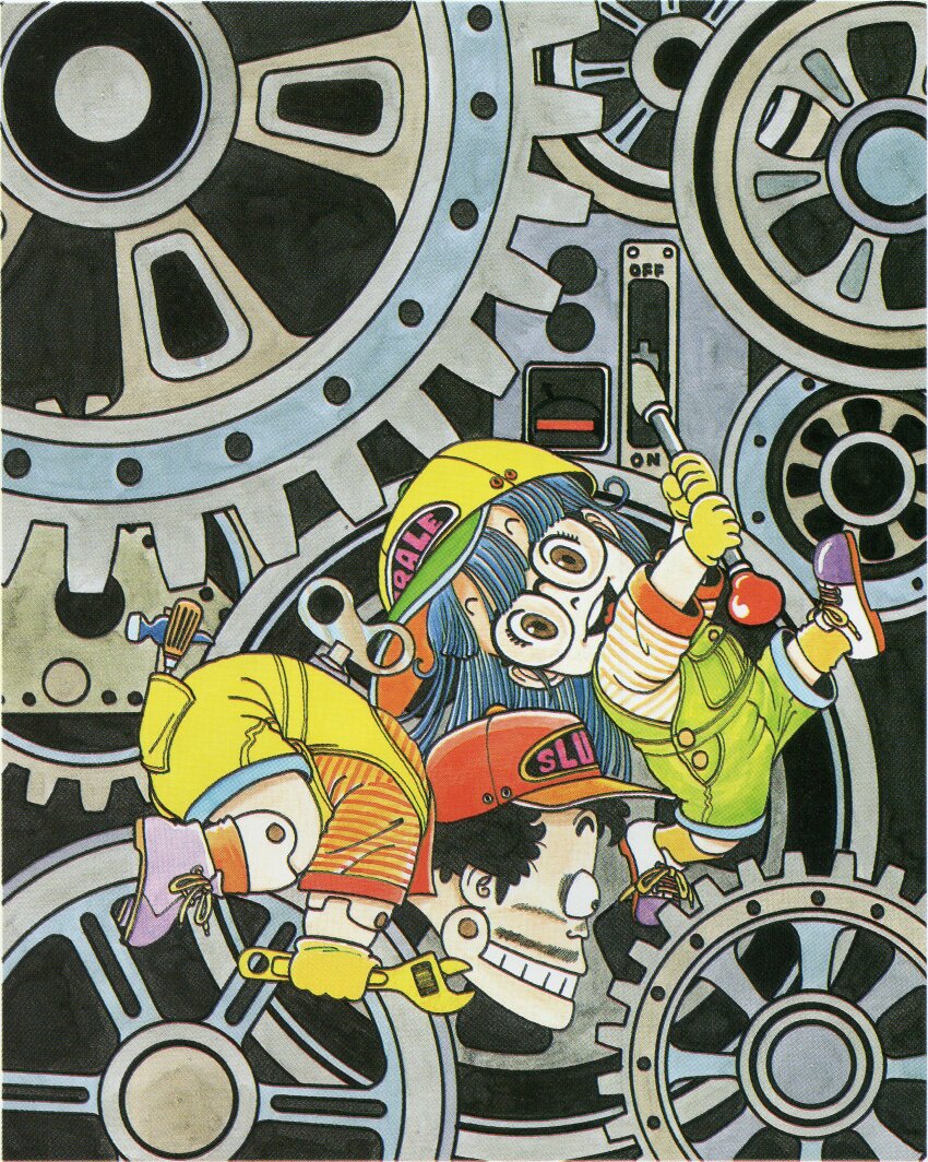 1boy 1girl absurdres ankle_socks baseball_cap black-framed_eyewear black_background black_eyes black_hair blue_hair blunt_bangs brown_eyes character_name claw_hammer clothes_writing colorful commentary curly_hair dr._slump facial_hair gears glasses gloves green_overalls hammer happy hat highres holding holding_wrench lever long_hair looking_at_viewer machine mustache norimaki_arale norimaki_senbei official_art open_mouth orange_socks overalls oxfords pop_art red_hat robot screwdriver shirt short_sleeves simple_background smile socks straight_hair teeth toriyama_akira two-tone_hat upper_teeth_only white_shirt wide-eyed winding_key wrench yellow_gloves yellow_hat yellow_overalls yellow_shirt yellow_socks