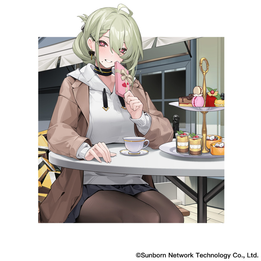 1girl ahoge blush brown_jacket brown_pantyhose cake_stand chinese_commentary chocolate choker copyright_notice cup de_lacey_(heartfelt_projection)_(neural_cloud) de_lacey_(neural_cloud) elbow_rest food girls&#039;_frontline girls&#039;_frontline_neural_cloud green_hair holding holding_chocolate holding_food hood hoodie jacket looking_at_viewer macaron mole mole_under_eye official_art outdoors outside_border pantyhose pleated_skirt sitting skirt solo symbol-shaped_pupils table teacup valentine vinegar_kira white_hoodie x-shaped_pupils