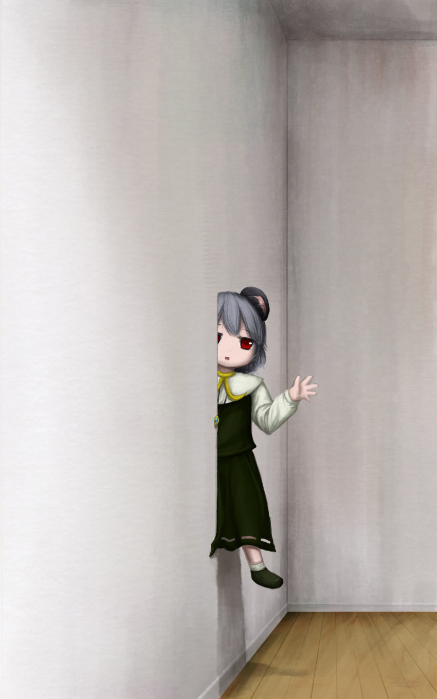 1girl animal_ears bad_id bad_nicoseiga_id capelet cookie_(touhou) female_focus green_shoes green_skirt green_vest grey_hair highres indoors jewelry looking_at_viewer mouse_ears nazrin nekonekosan_(kemushima3) nyon_(cookie) open_mouth pendant red_eyes shirt shoes short_hair skirt socks solo surreal through_wall touhou vest white_capelet white_shirt white_socks