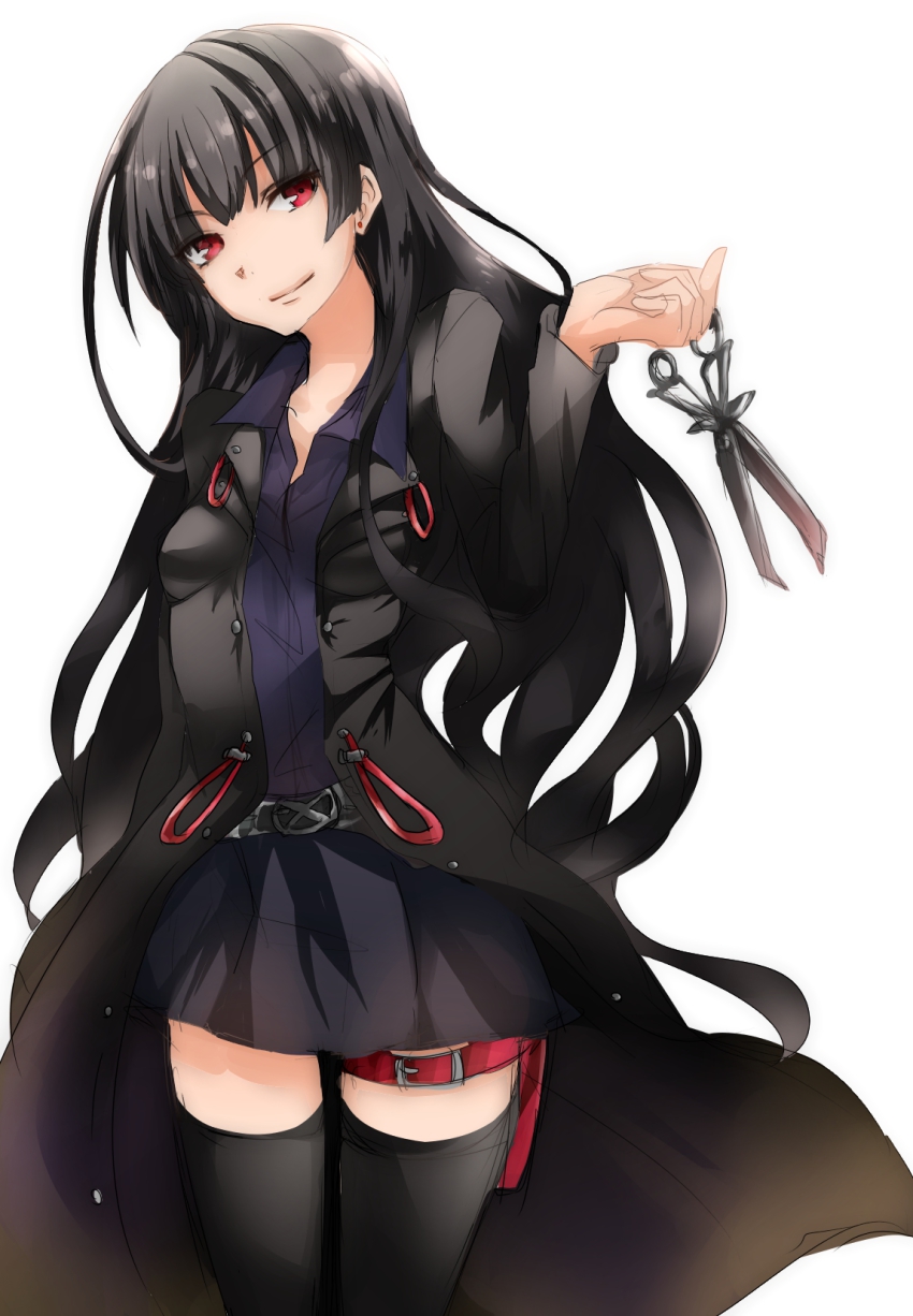 10s 1girl bad_id bad_pixiv_id black_hair black_thighhighs coat female_focus highres hime_cut inu_to_hasami_wa_tsukaiyou kjula long_hair looking_at_viewer natsuno_kirihime red_eyes scissors smile solo thigh_strap thighhighs zettai_ryouiki