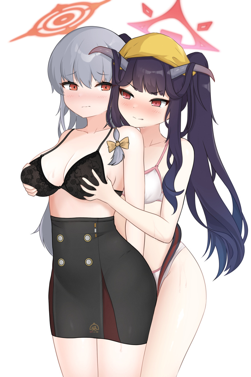 2girls absurdres blue_archive bra fuuka_(blue_archive) grabbing_another&#039;s_breast groping haruna_(blue_archive) highres hrna multiple_girls panties skirt underwear white_background