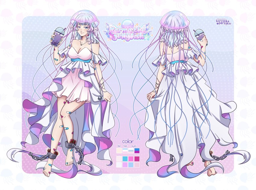 1girl bandaid bandaid_on_foot bandaid_on_leg barefoot blue_eyes blue_hair breasts bubble_tea cleavage color_guide commentary commission cuffs cup dress frilled_dress frills heterochromia highres holding holding_cup jellyfish jellyfish_girl korzynka_persykiv medium_breasts multicolored_hair original pink_hair purple_eyes shackles signature skirt_hold strapless ukrainian_commentary white_dress white_hair