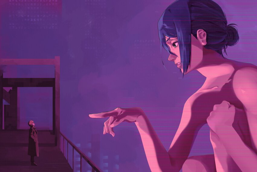 1boy 1girl absurdres black_coat blade_runner_(series) blade_runner_2049 blue_hair chainsaw_man coat commentary dakaeya denji_(chainsaw_man) english_commentary giant giantess hair_bun highres hologram meme neon_palette night outdoors pointing pointing_at_another railing reze_(chainsaw_man) scene_reference you_look_lonely_(meme)