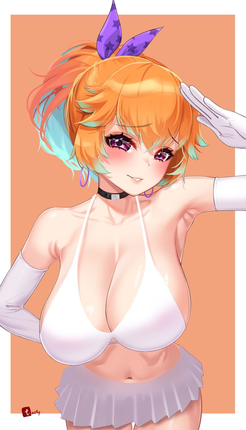 1girl absurdres aqua_hair arm_up black_choker border bra breasts choker cleavage collarbone earrings elbow_gloves gloves gradient_hair highres hololive hololive_english hoop_earrings jewelry large_breasts leaning_forward miniskirt multicolored_hair navel orange_hair parted_lips purple_eyes skirt solo stomach takanashi_kiara tasty_(dudwofla) underwear virtual_youtuber white_border white_bra white_gloves wide_ponytail