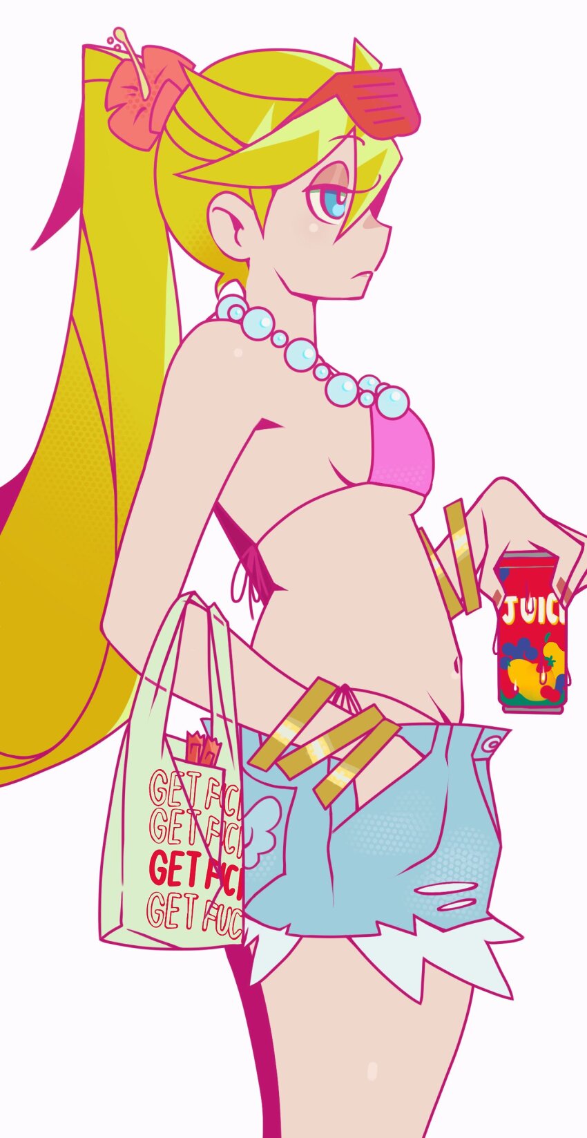 absurdres bikini bikini_top_only blonde_hair blue_eyes blue_shorts breasts chmidobaaaaaa closed_mouth eyewear_on_head flower from_side hair_flower hair_ornament highres jewelry long_hair medium_breasts navel necklace panty_&amp;_stocking_with_garterbelt panty_(psg) pearl_necklace ponytail profile short_shorts shorts swimsuit