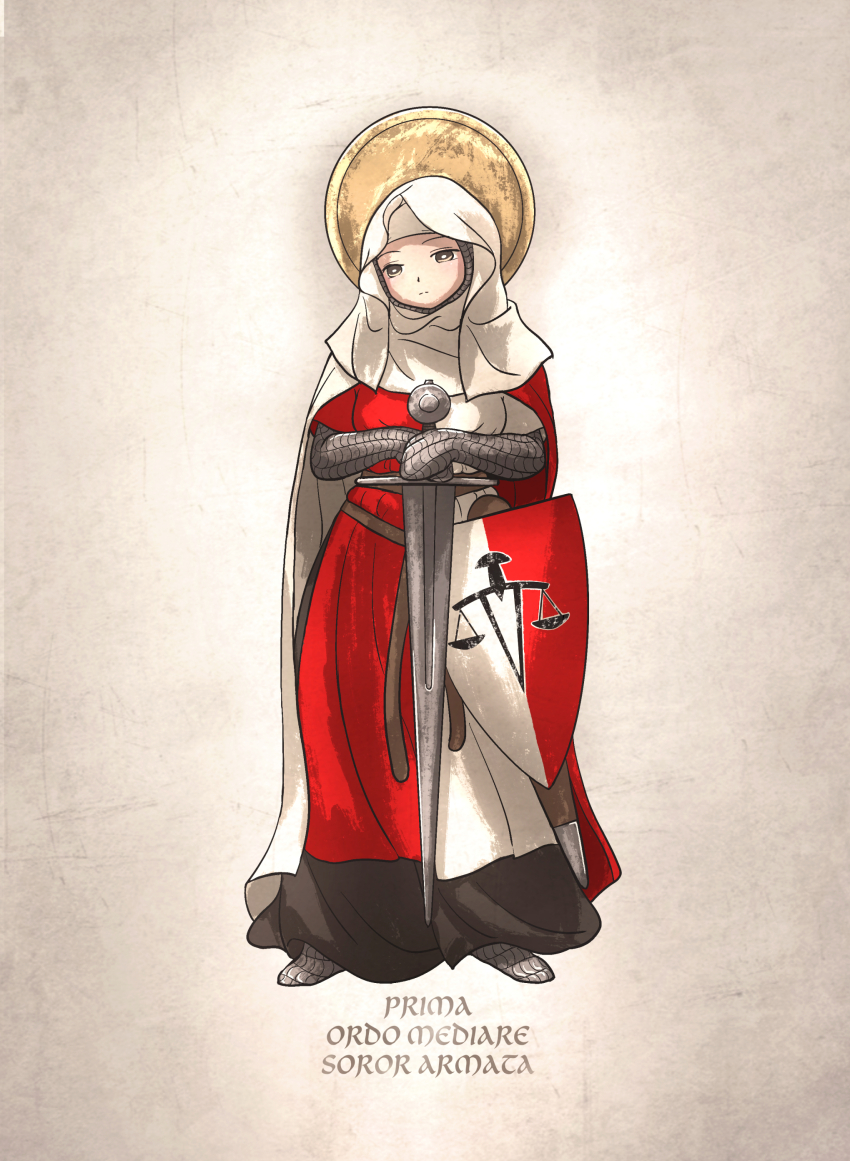 1girl absurdres armor balance_scale_print belt boots brown_eyes chainmail cloak closed_mouth coif commentary dress english_commentary halo halo_behind_head highres holding holding_sword holding_weapon ironlily latin_text looking_at_viewer ordo_mediare_sisters_(ironlily) shield simple_background solo sword two-tone_dress weapon white_background white_cloak wimple